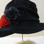 Black Velvet Hat With Red Black Floral Trim