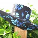 Wide Brim Sunhat In Black Blue Tropical Flower..