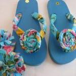 Blue Pink Decorated Flip Flops Womens