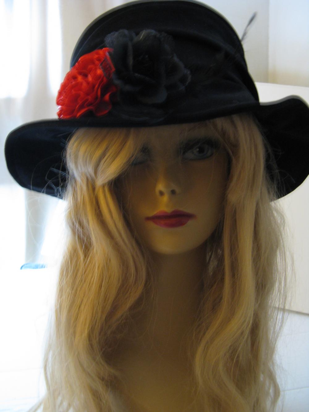 Black Velvet Hat With Red Black Floral Trim
